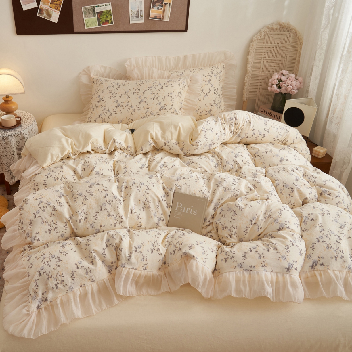 91家纺网 家纺一手货源 找家纺 晨曦家纺 2026春夏新款雪花皱纱花边小碎花小清新少女风四件套 绕枝蔷薇