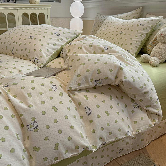 91家纺网 家纺一手货源 找家纺 忆生活家纺 2026春夏新款A类全棉纯棉有氧双层纱小清新四件套 青苹果乐园