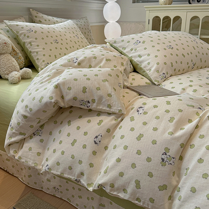 91家纺网 家纺一手货源 找家纺 忆生活家纺 2026春夏新款A类全棉纯棉有氧双层纱小清新四件套 青苹果乐园