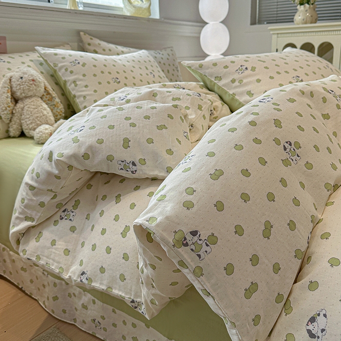 91家纺网 家纺一手货源 找家纺 忆生活家纺 2026春夏新款A类全棉纯棉有氧双层纱小清新四件套 青苹果乐园