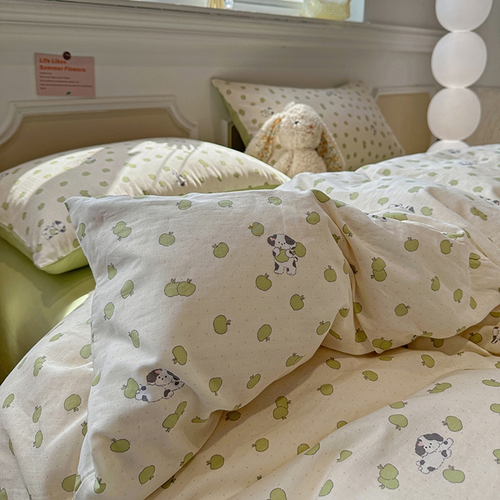 91家纺网 家纺一手货源 找家纺 忆生活家纺 2026春夏新款A类全棉纯棉有氧双层纱小清新四件套 青苹果乐园