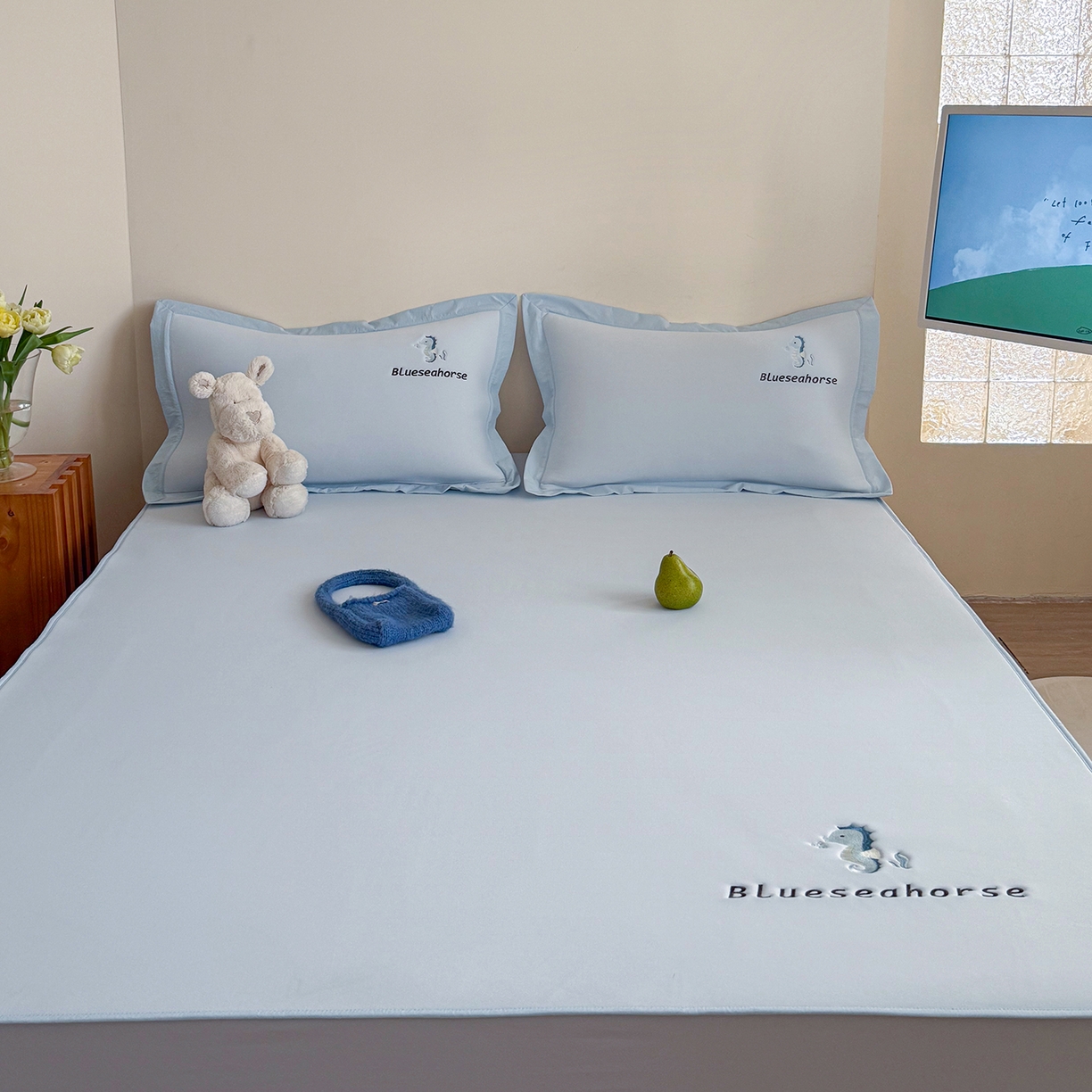 91家纺网 家纺一手货源 找家纺 Sweet dreams甜梦 2026新款夏款A类锦氨卡通刺绣立体床笠款凉感席 布噜海马