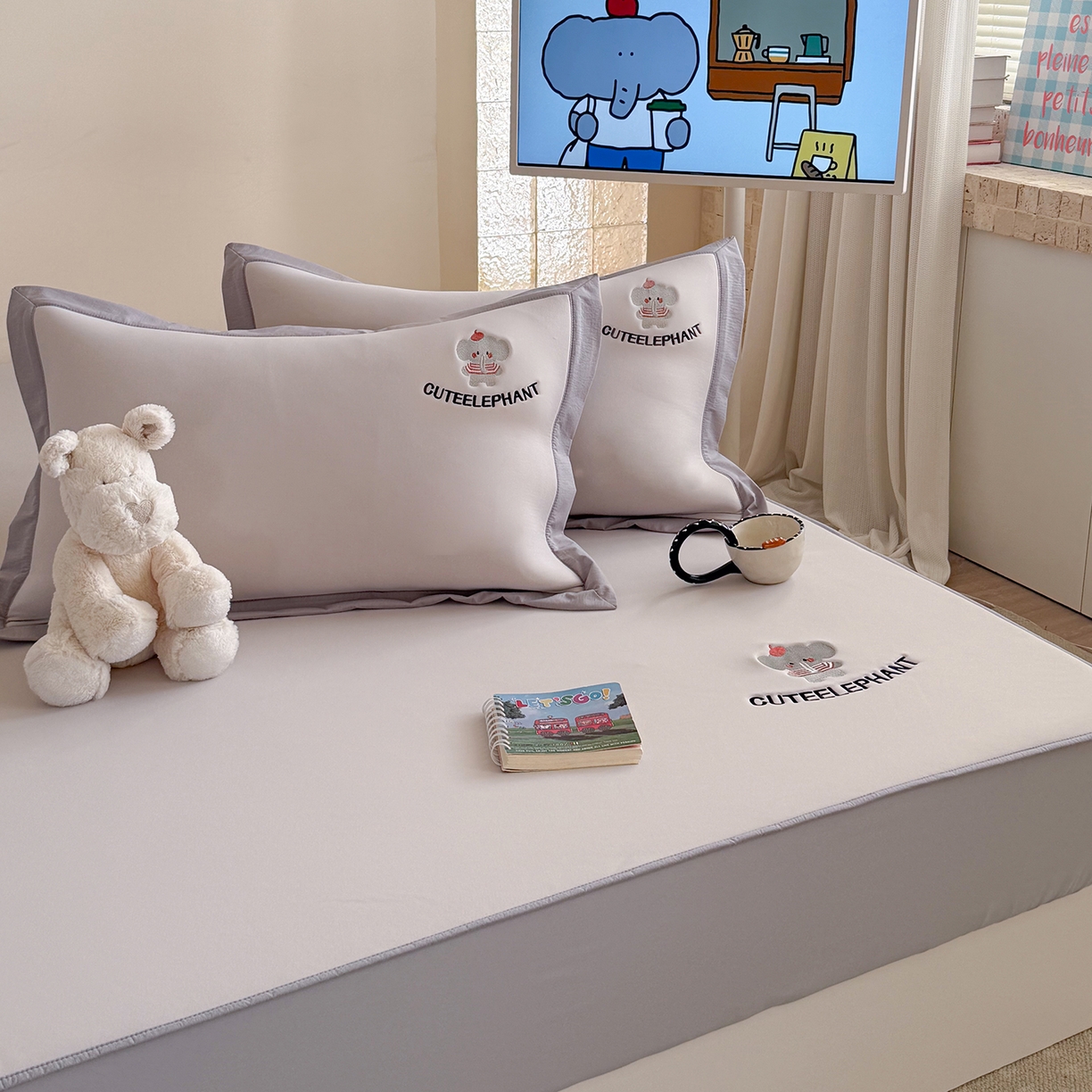 91家纺网 家纺一手货源 找家纺 Sweet dreams甜梦 2026新款夏款A类锦氨卡通刺绣立体床笠款凉感席 乐萌小象