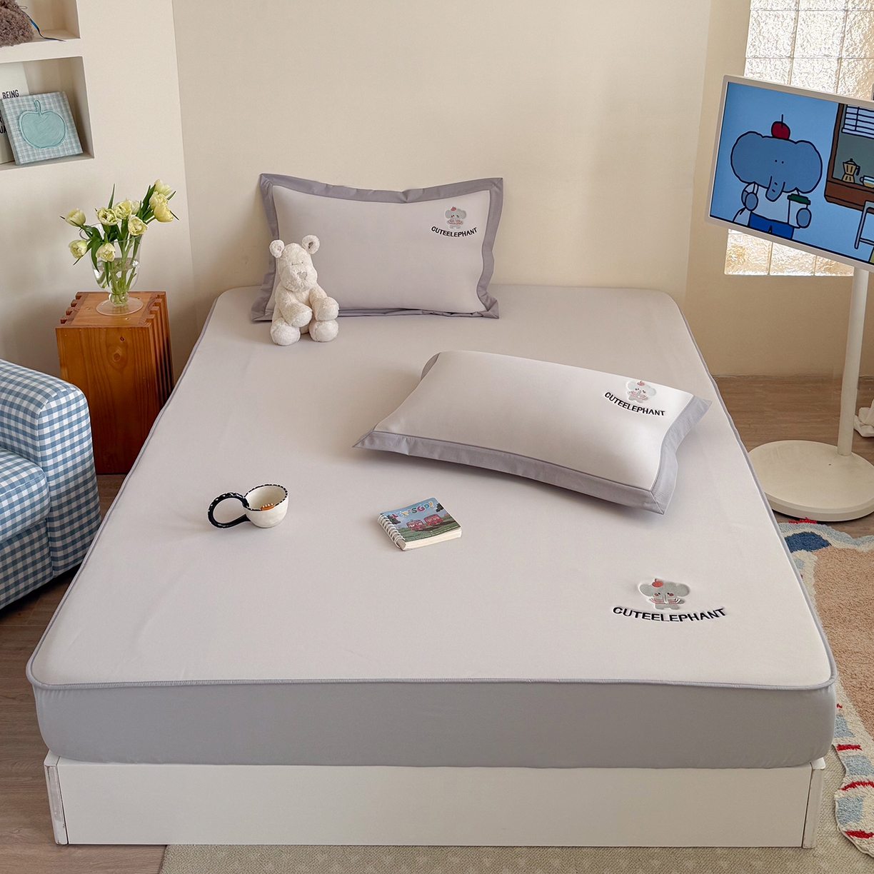 91家纺网 家纺一手货源 找家纺 Sweet dreams甜梦 2026新款夏款A类锦氨卡通刺绣立体床笠款凉感席 乐萌小象