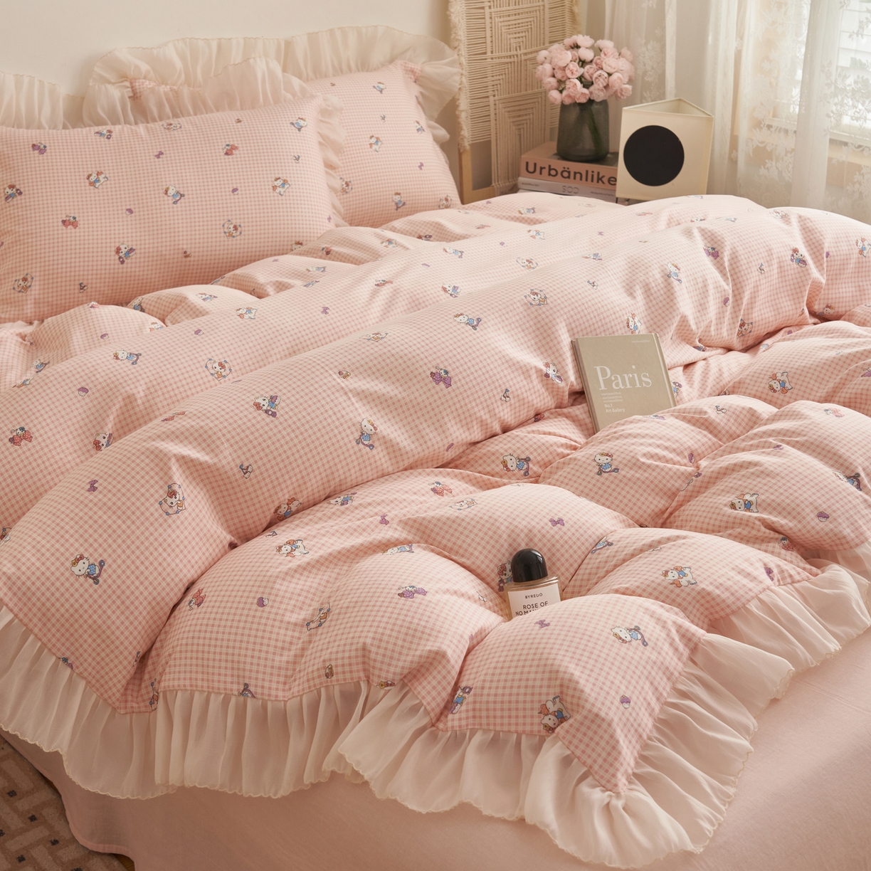 晨曦家纺 2026春夏新款雪花皱纱花边小碎花小清新少女风四件套 甜心Kitty