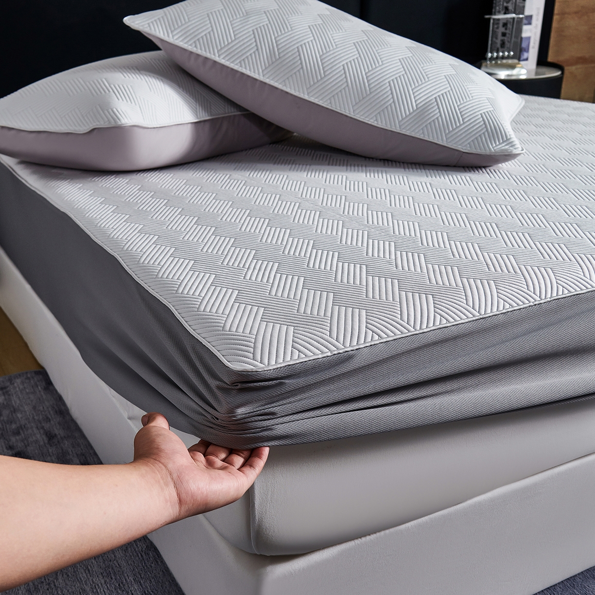 91家纺网 家纺一手货源 找家纺 CINNY馨宜 2026新款PE高分子凉感席三件套韩国雪花席床笠三件套 菱形灰