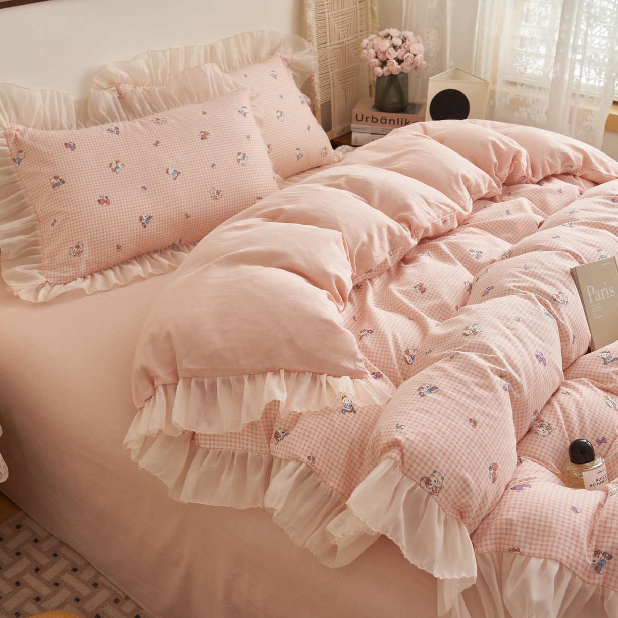 91家纺网 家纺一手货源 找家纺 晨曦家纺 2026春夏新款雪花皱纱花边小碎花小清新少女风四件套 甜心Kitty