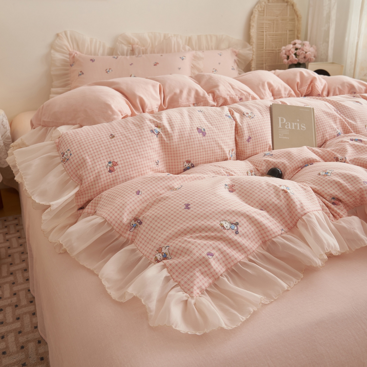 91家纺网 家纺一手货源 找家纺 晨曦家纺 2026春夏新款雪花皱纱花边小碎花小清新少女风四件套 甜心Kitty