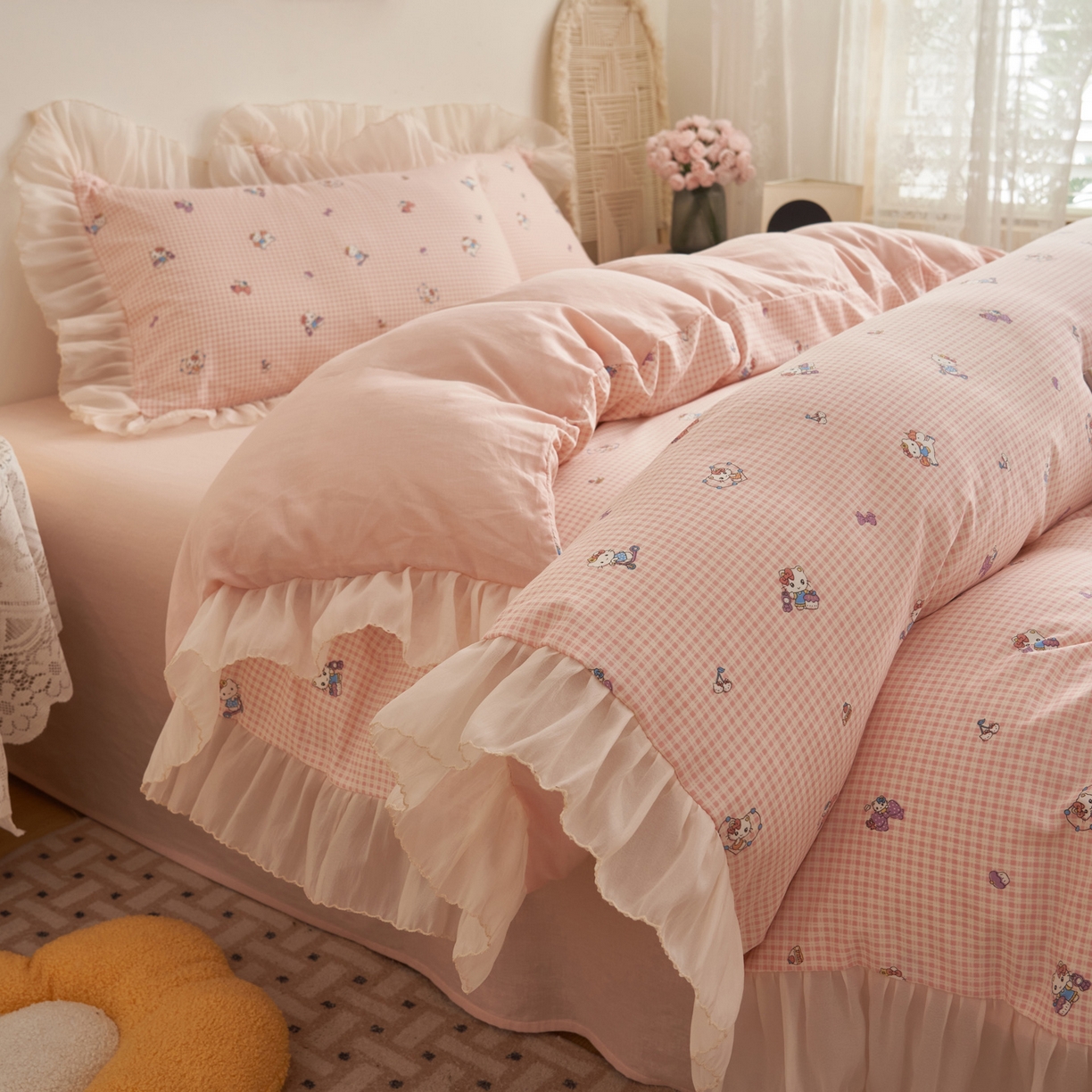 91家纺网 家纺一手货源 找家纺 晨曦家纺 2026春夏新款雪花皱纱花边小碎花小清新少女风四件套 甜心Kitty