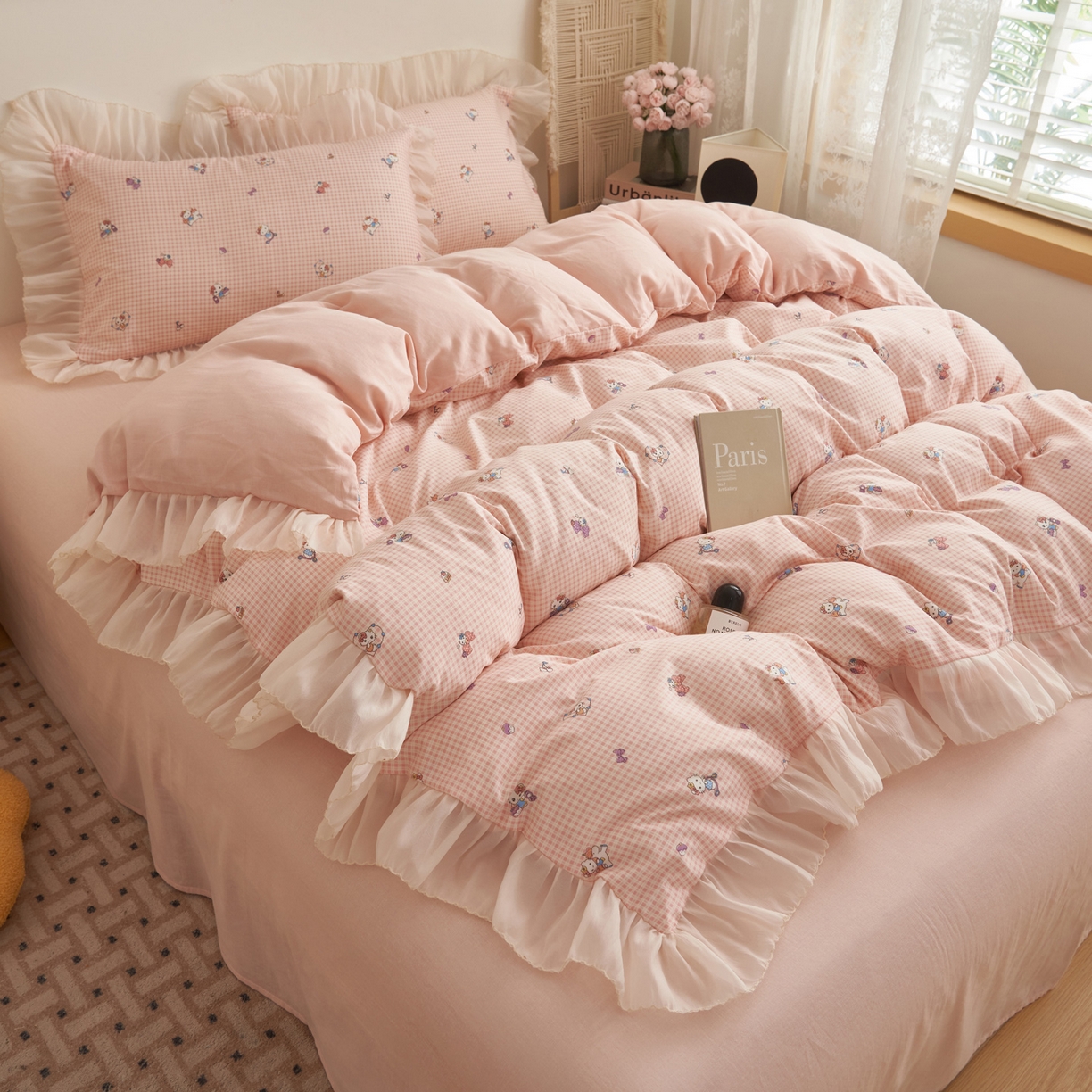 91家纺网 家纺一手货源 找家纺 晨曦家纺 2026春夏新款雪花皱纱花边小碎花小清新少女风四件套 甜心Kitty