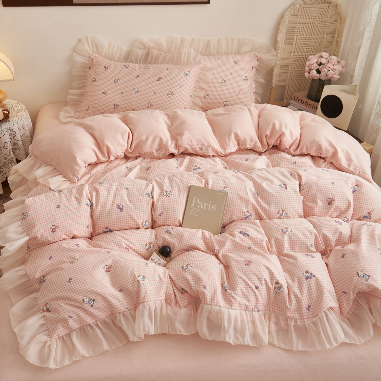 91家纺网 家纺一手货源 找家纺 晨曦家纺 2026春夏新款雪花皱纱花边小碎花小清新少女风四件套 甜心Kitty