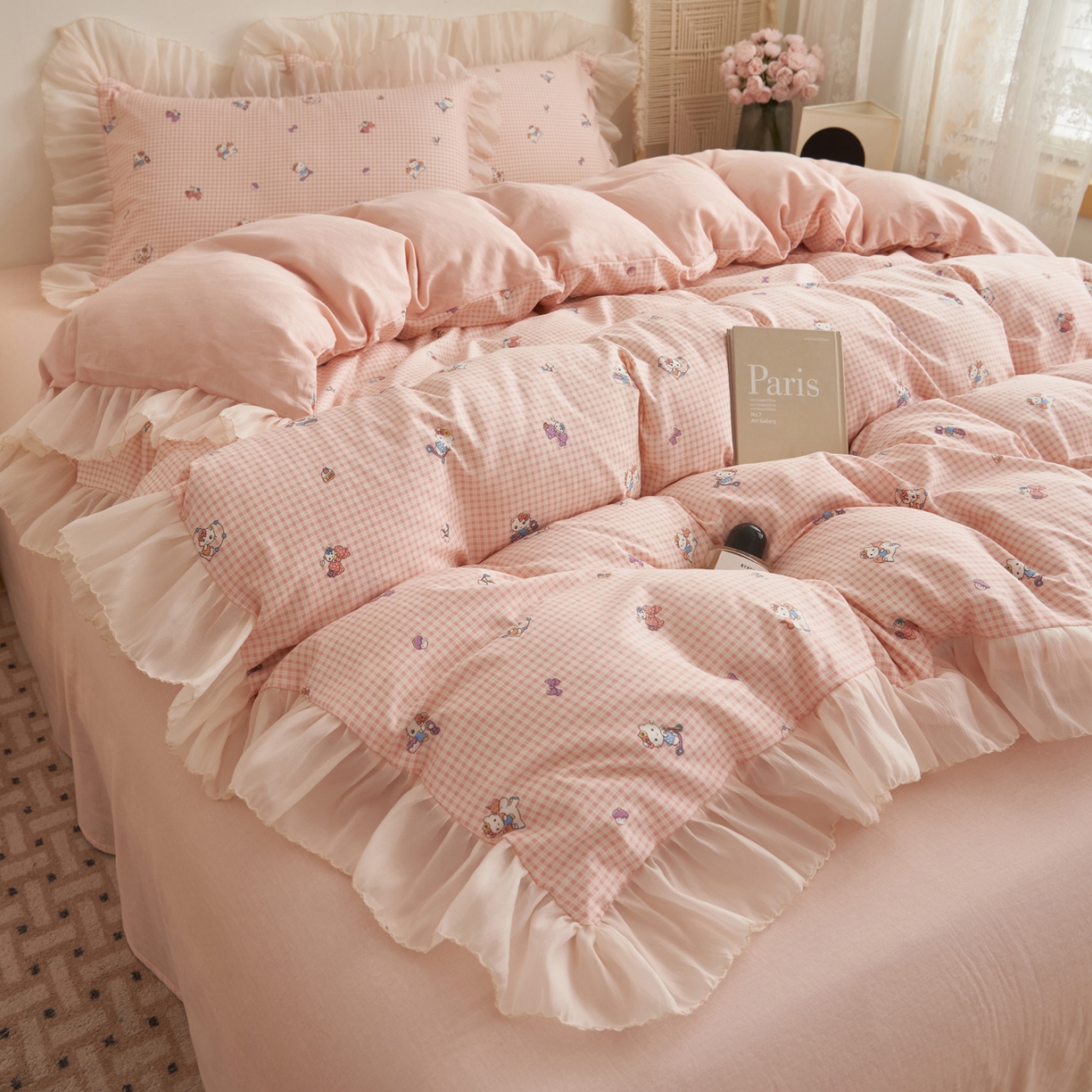 91家纺网 家纺一手货源 找家纺 晨曦家纺 2026春夏新款雪花皱纱花边小碎花小清新少女风四件套 甜心Kitty