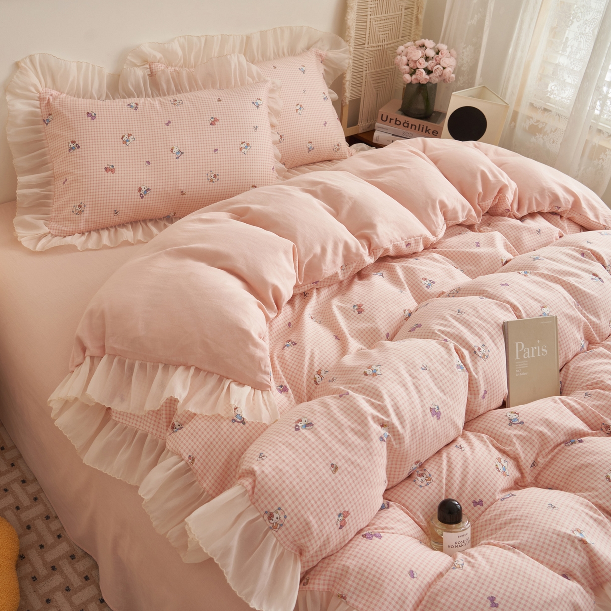 91家纺网 家纺一手货源 找家纺 晨曦家纺 2026春夏新款雪花皱纱花边小碎花小清新少女风四件套 甜心Kitty