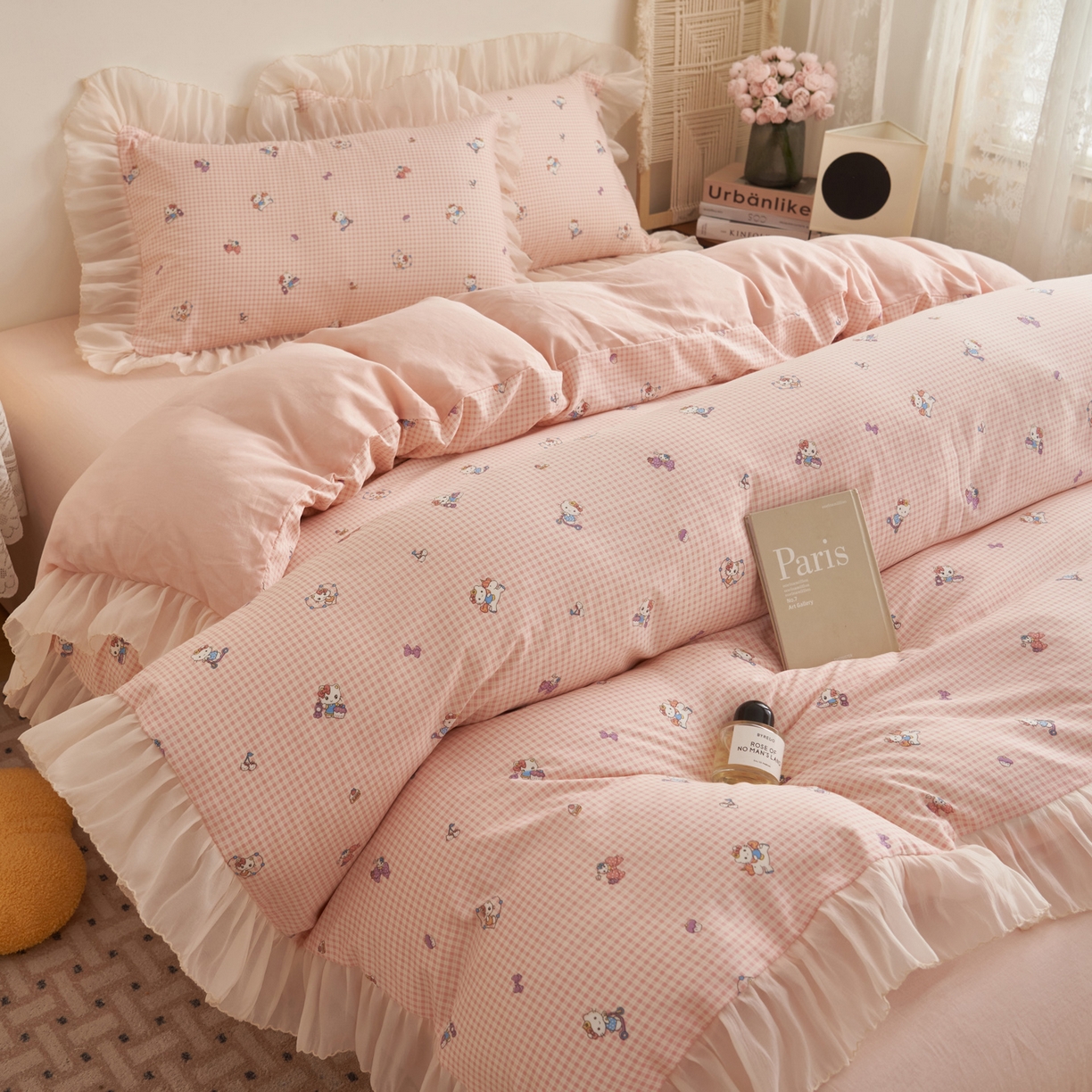 91家纺网 家纺一手货源 找家纺 晨曦家纺 2026春夏新款雪花皱纱花边小碎花小清新少女风四件套 甜心Kitty