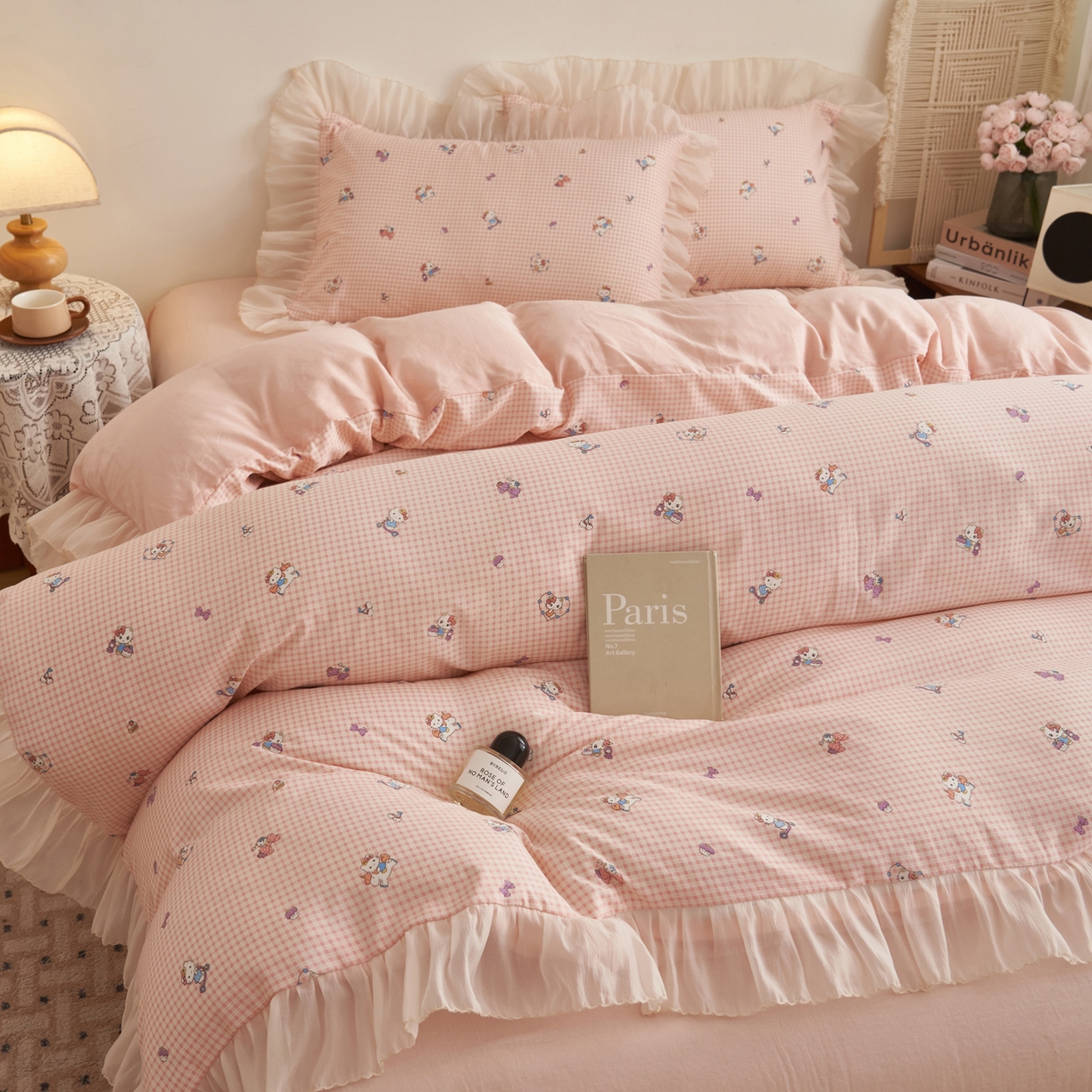 91家纺网 家纺一手货源 找家纺 晨曦家纺 2026春夏新款雪花皱纱花边小碎花小清新少女风四件套 甜心Kitty