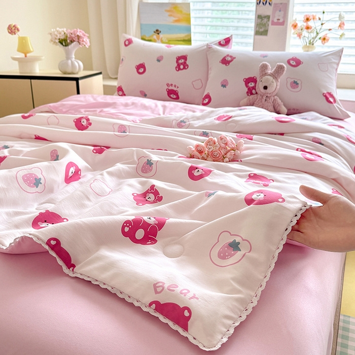 十里居 2026新款蕾丝花边款印花水洗棉夏凉被 草莓可爱熊