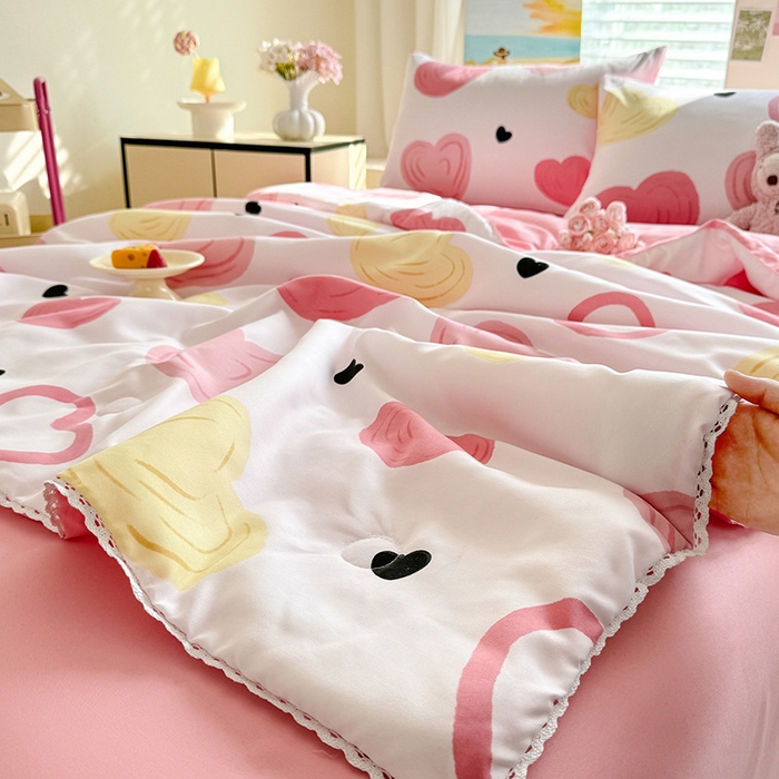 十里居 2026新款蕾丝花边款印花水洗棉夏凉被 粉色爱心