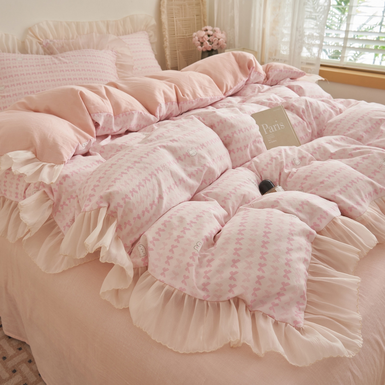 91家纺网 家纺一手货源 找家纺 晨曦家纺 2026春夏新款雪花皱纱花边小碎花小清新少女风四件套 甜心兔粉