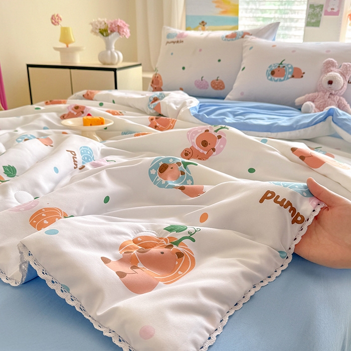 十里居 2026新款蕾丝花边款印花水洗棉夏凉被 卡皮南瓜