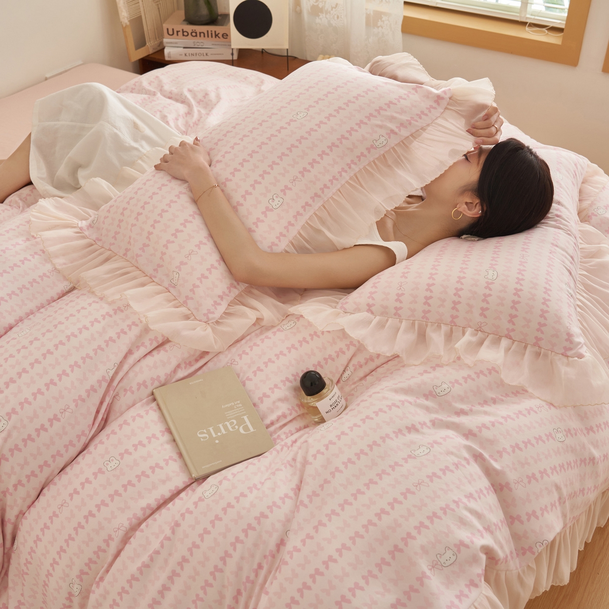 91家纺网 家纺一手货源 找家纺 晨曦家纺 2026春夏新款雪花皱纱花边小碎花小清新少女风四件套 甜心兔粉