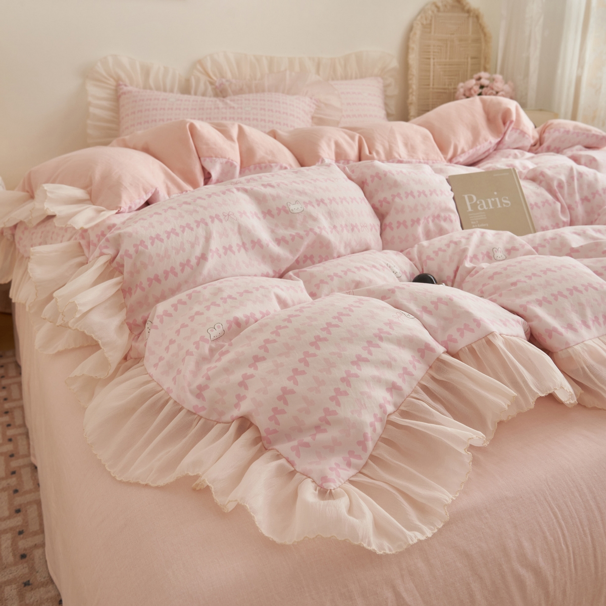 91家纺网 家纺一手货源 找家纺 晨曦家纺 2026春夏新款雪花皱纱花边小碎花小清新少女风四件套 甜心兔粉