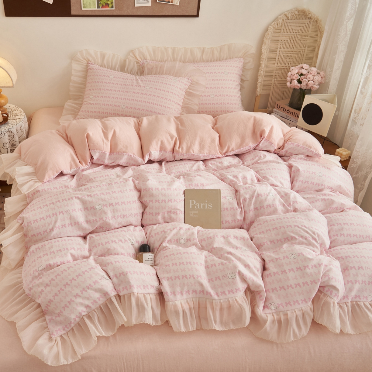 91家纺网 家纺一手货源 找家纺 晨曦家纺 2026春夏新款雪花皱纱花边小碎花小清新少女风四件套 甜心兔粉