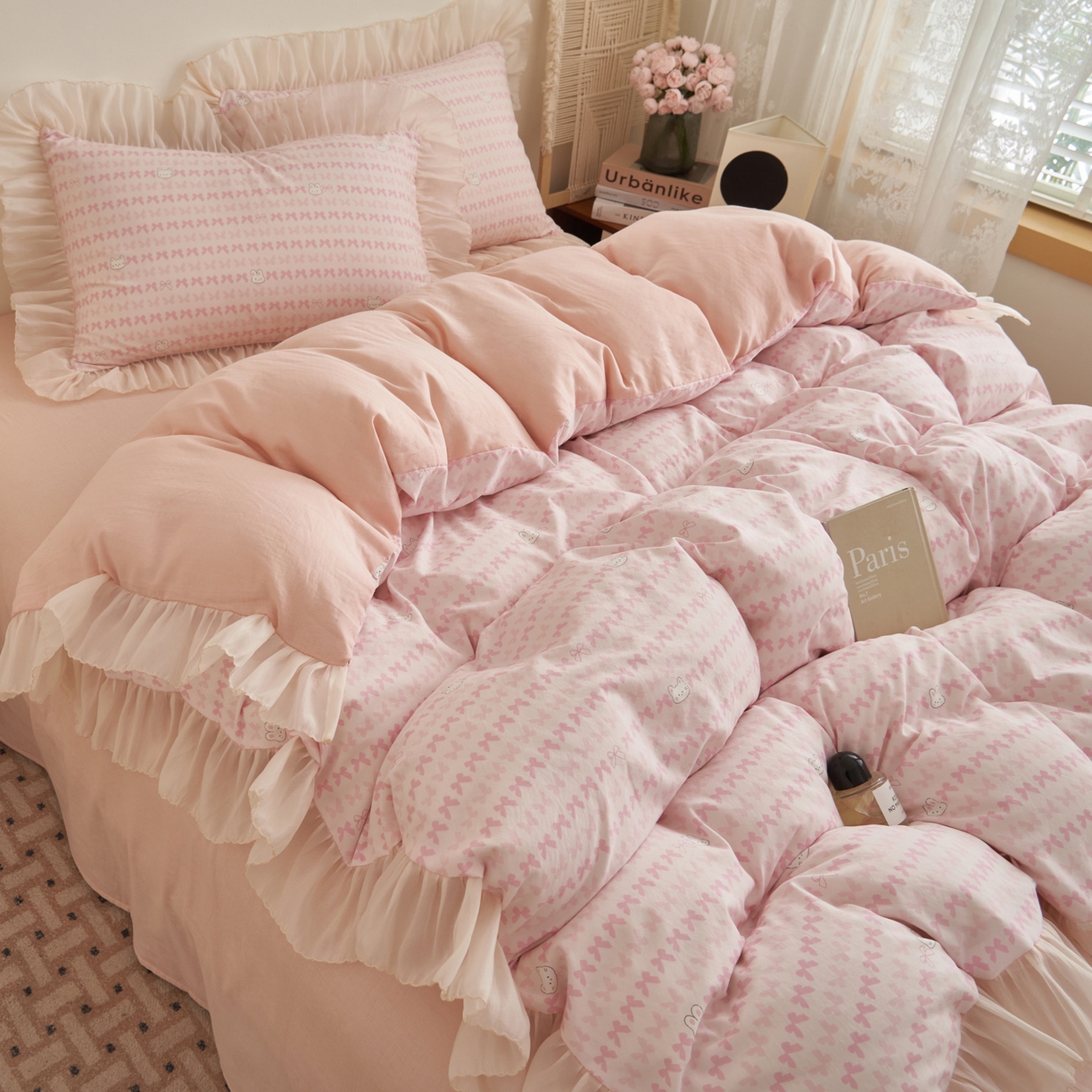 91家纺网 家纺一手货源 找家纺 晨曦家纺 2026春夏新款雪花皱纱花边小碎花小清新少女风四件套 甜心兔粉