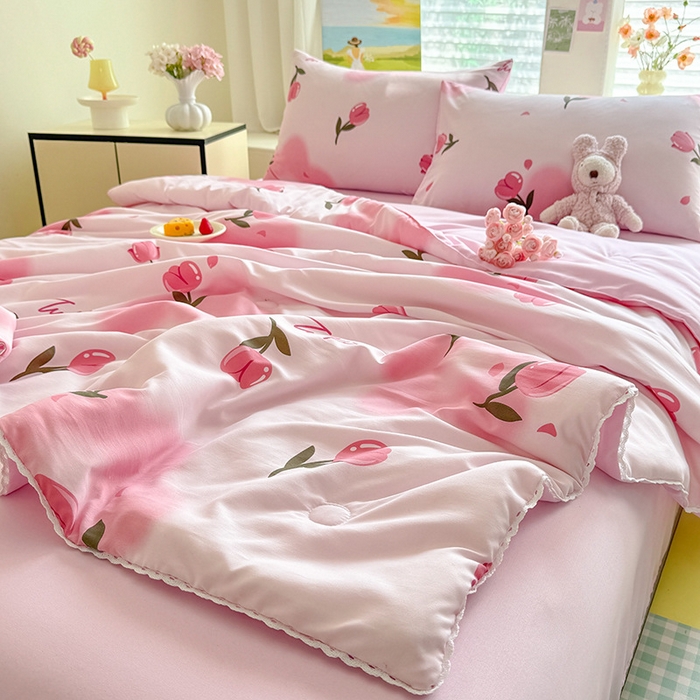 十里居 2026新款蕾丝花边款印花水洗棉夏凉被 郁金香