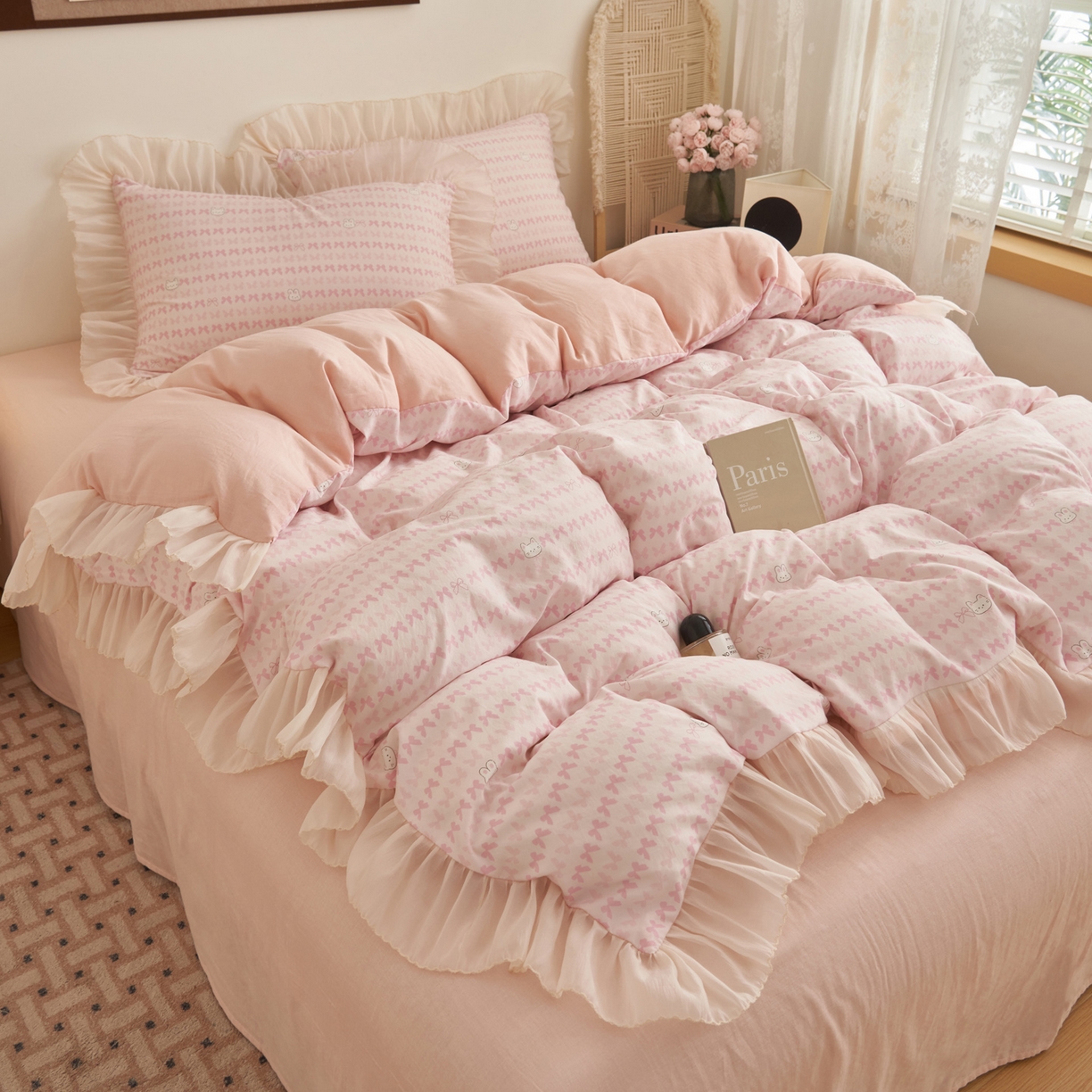 91家纺网 家纺一手货源 找家纺 晨曦家纺 2026春夏新款雪花皱纱花边小碎花小清新少女风四件套 甜心兔粉