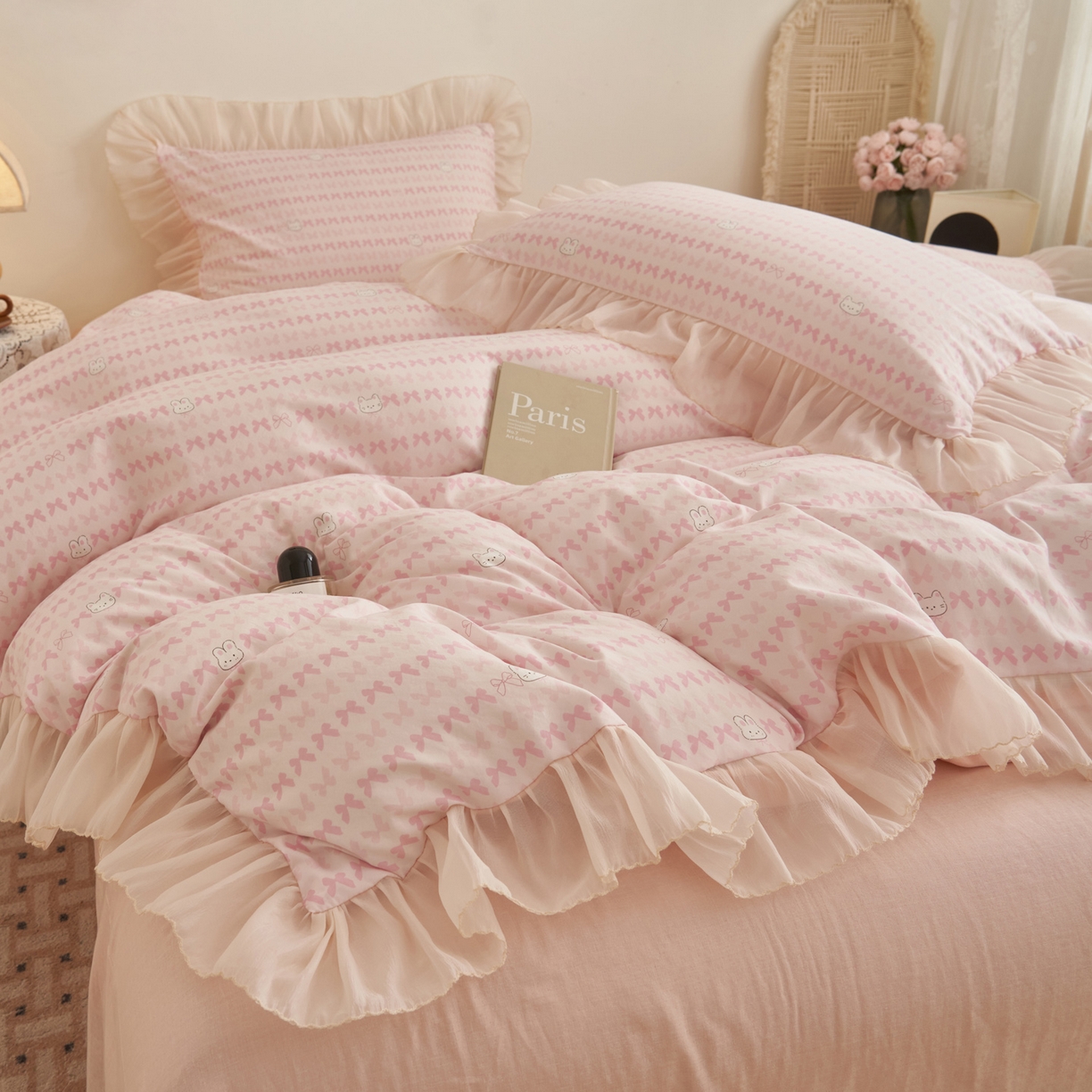 91家纺网 家纺一手货源 找家纺 晨曦家纺 2026春夏新款雪花皱纱花边小碎花小清新少女风四件套 甜心兔粉