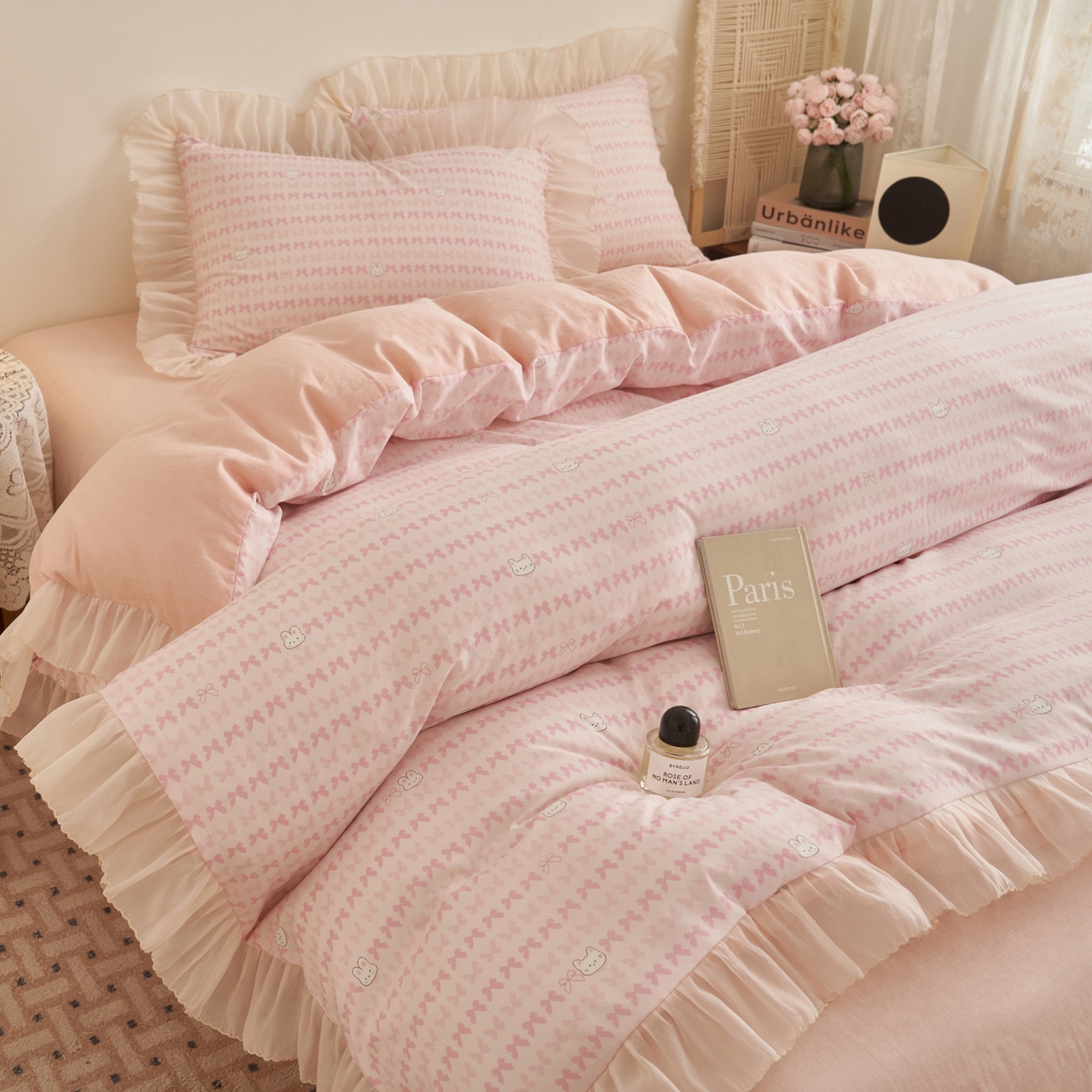 91家纺网 家纺一手货源 找家纺 晨曦家纺 2026春夏新款雪花皱纱花边小碎花小清新少女风四件套 甜心兔粉