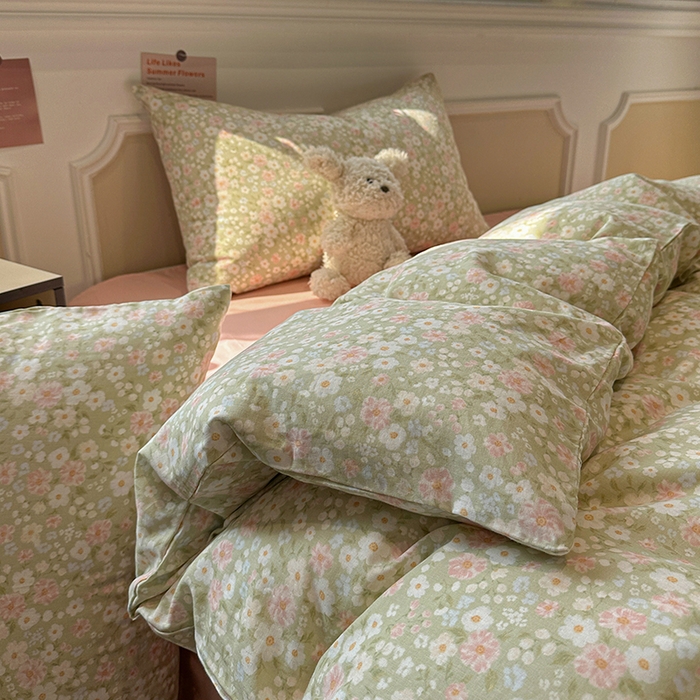 忆生活家纺 2026春夏新款A类全棉纯棉有氧双层纱小清新四件套 山茶芬芳-绿