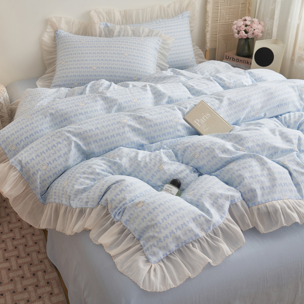 晨曦家纺 2026春夏新款雪花皱纱花边小碎花小清新少女风四件套 甜心兔蓝