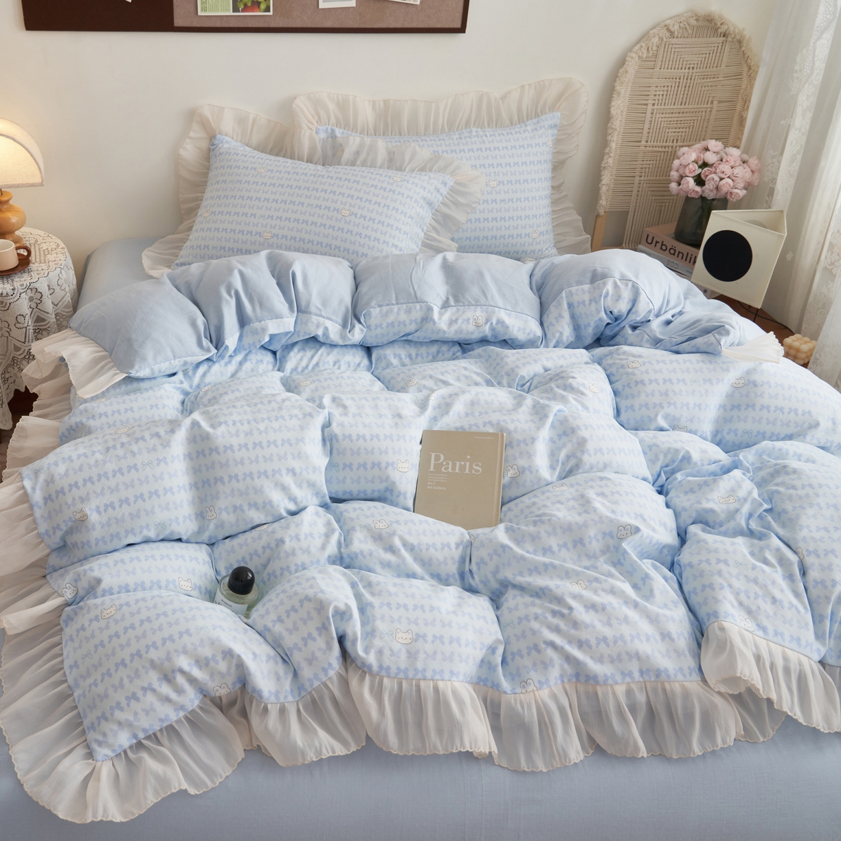 91家纺网 家纺一手货源 找家纺 晨曦家纺 2026春夏新款雪花皱纱花边小碎花小清新少女风四件套 甜心兔蓝