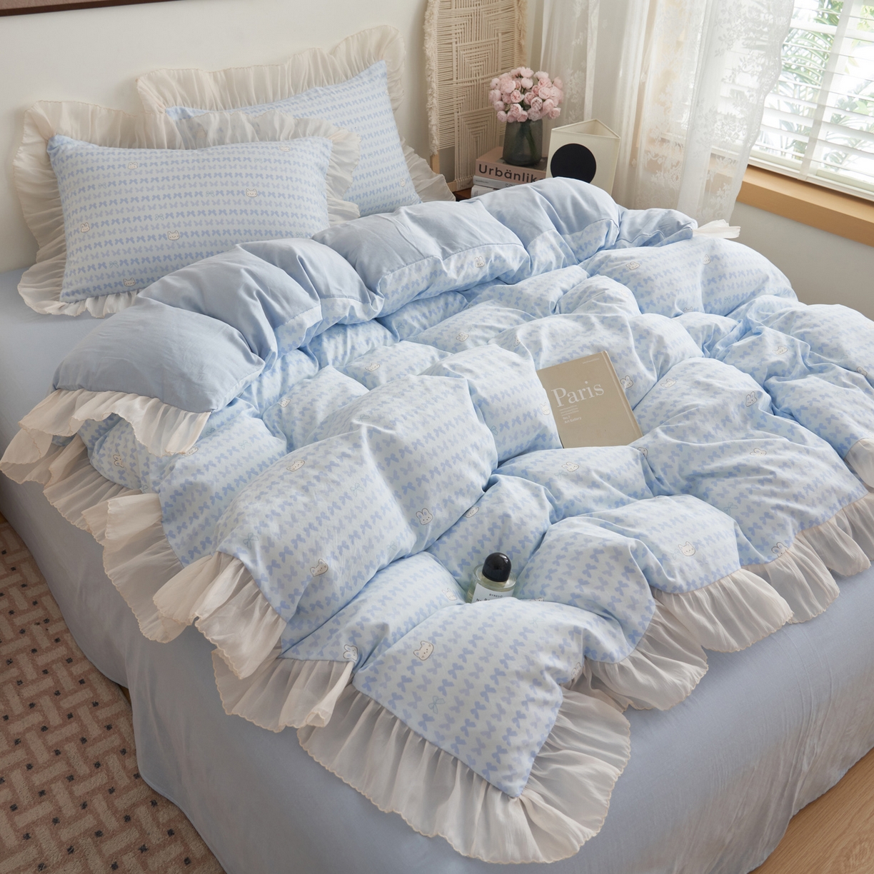 91家纺网 家纺一手货源 找家纺 晨曦家纺 2026春夏新款雪花皱纱花边小碎花小清新少女风四件套 甜心兔蓝