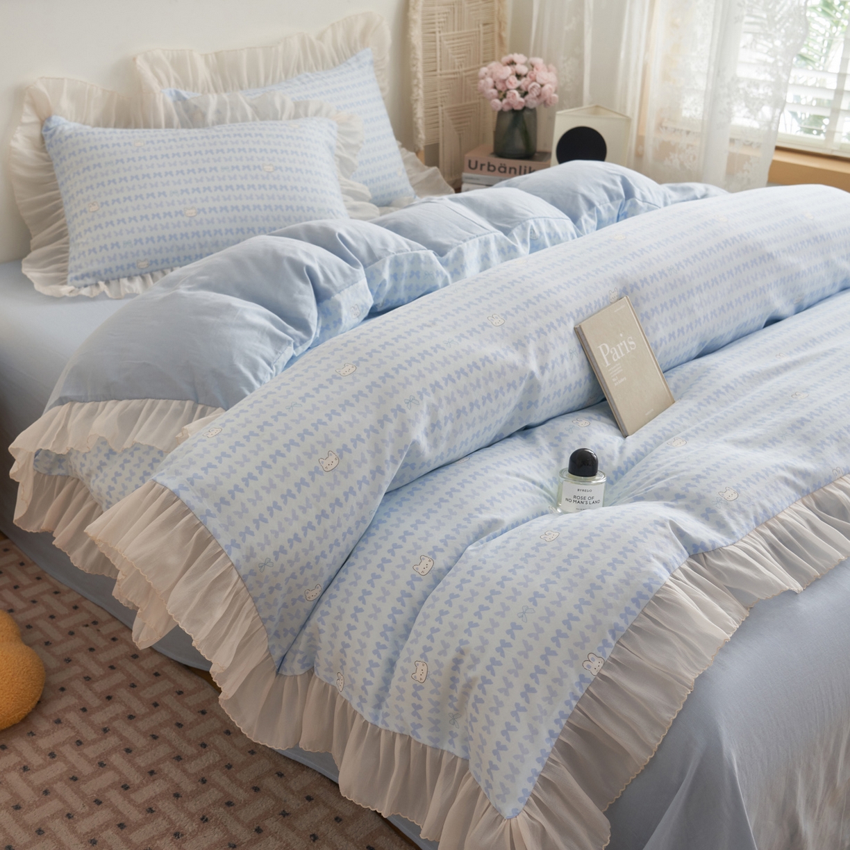 91家纺网 家纺一手货源 找家纺 晨曦家纺 2026春夏新款雪花皱纱花边小碎花小清新少女风四件套 甜心兔蓝