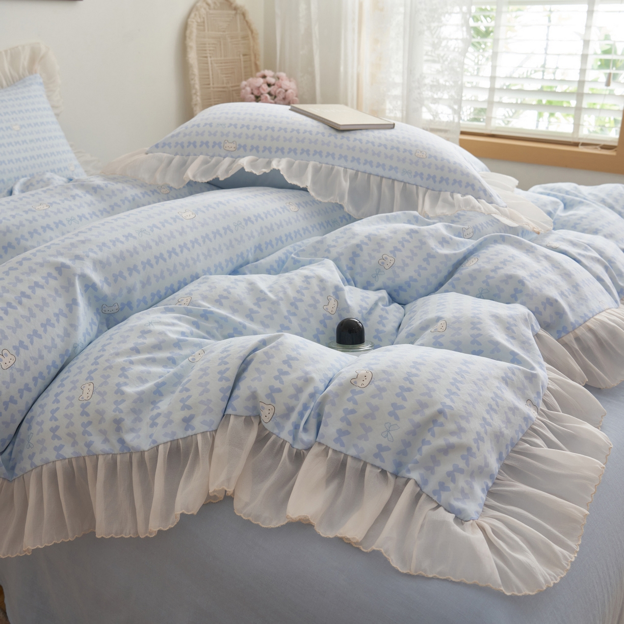 91家纺网 家纺一手货源 找家纺 晨曦家纺 2026春夏新款雪花皱纱花边小碎花小清新少女风四件套 甜心兔蓝