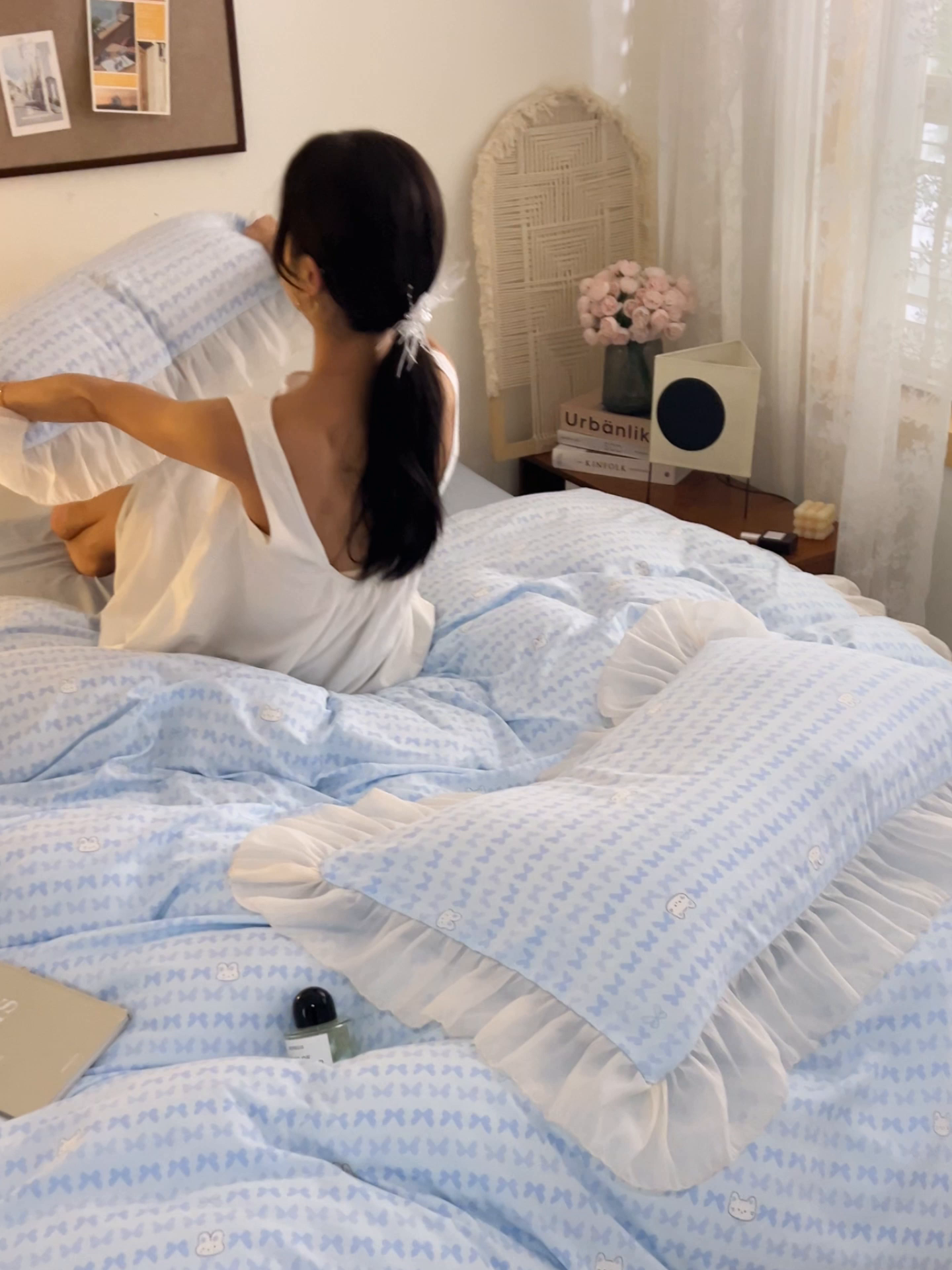 91家纺网 家纺一手货源 找家纺 晨曦家纺 2026春夏新款雪花皱纱花边小碎花小清新少女风四件套 甜心兔蓝