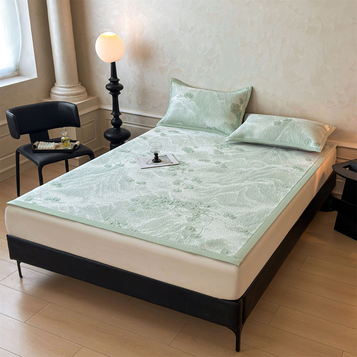 91家纺网 家纺一手货源 找家纺 慕木家纺 2026新款高端PE乙纶双面提花560克冰豆豆凉席迎客松系列（提供买家秀） 迎客松-绿床席款