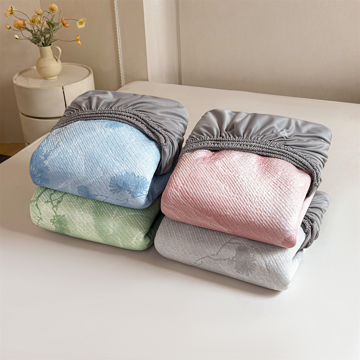 慕木家纺 2026新款高端PE乙纶双面提花560克冰豆豆凉席迎客松系列（提供买家秀） 组合床笠款