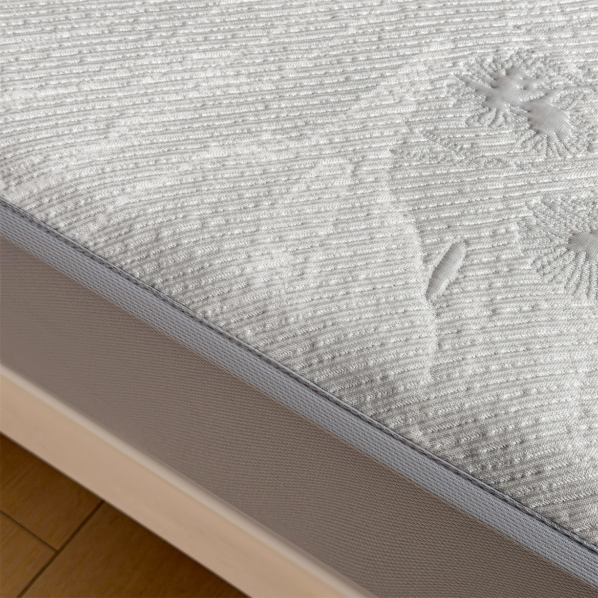 91家纺网 家纺一手货源 找家纺 慕木家纺 2026新款高端PE乙纶双面提花560克冰豆豆凉席迎客松系列（提供买家秀） 迎客松-灰床笠款