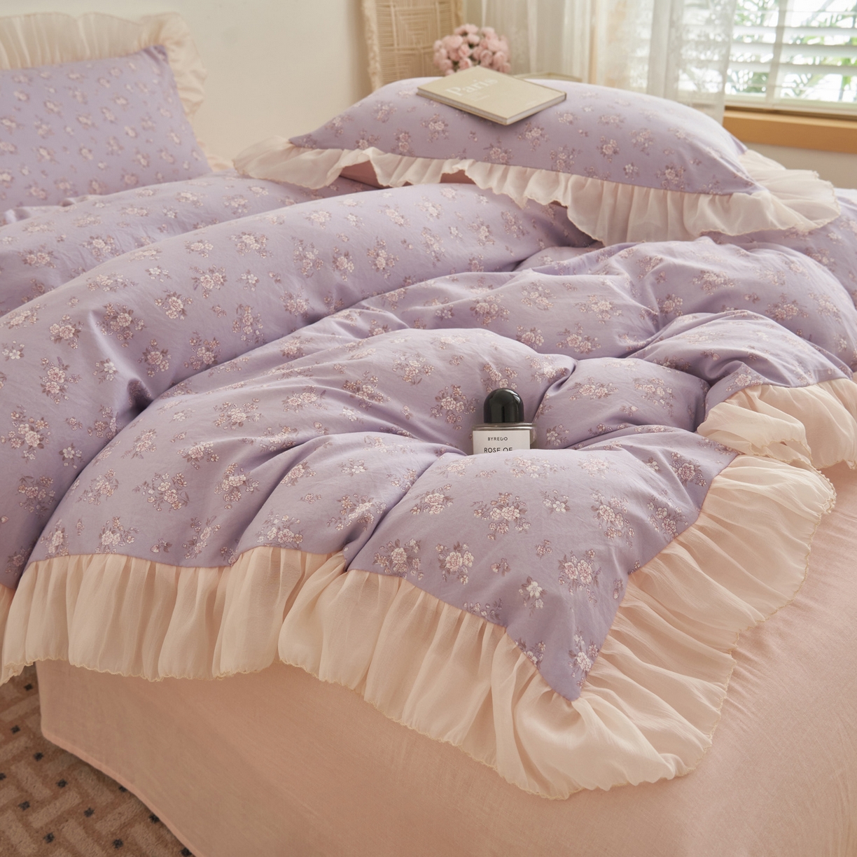 91家纺网 家纺一手货源 找家纺 晨曦家纺 2026春夏新款雪花皱纱花边小碎花小清新少女风四件套 紫韵甜心