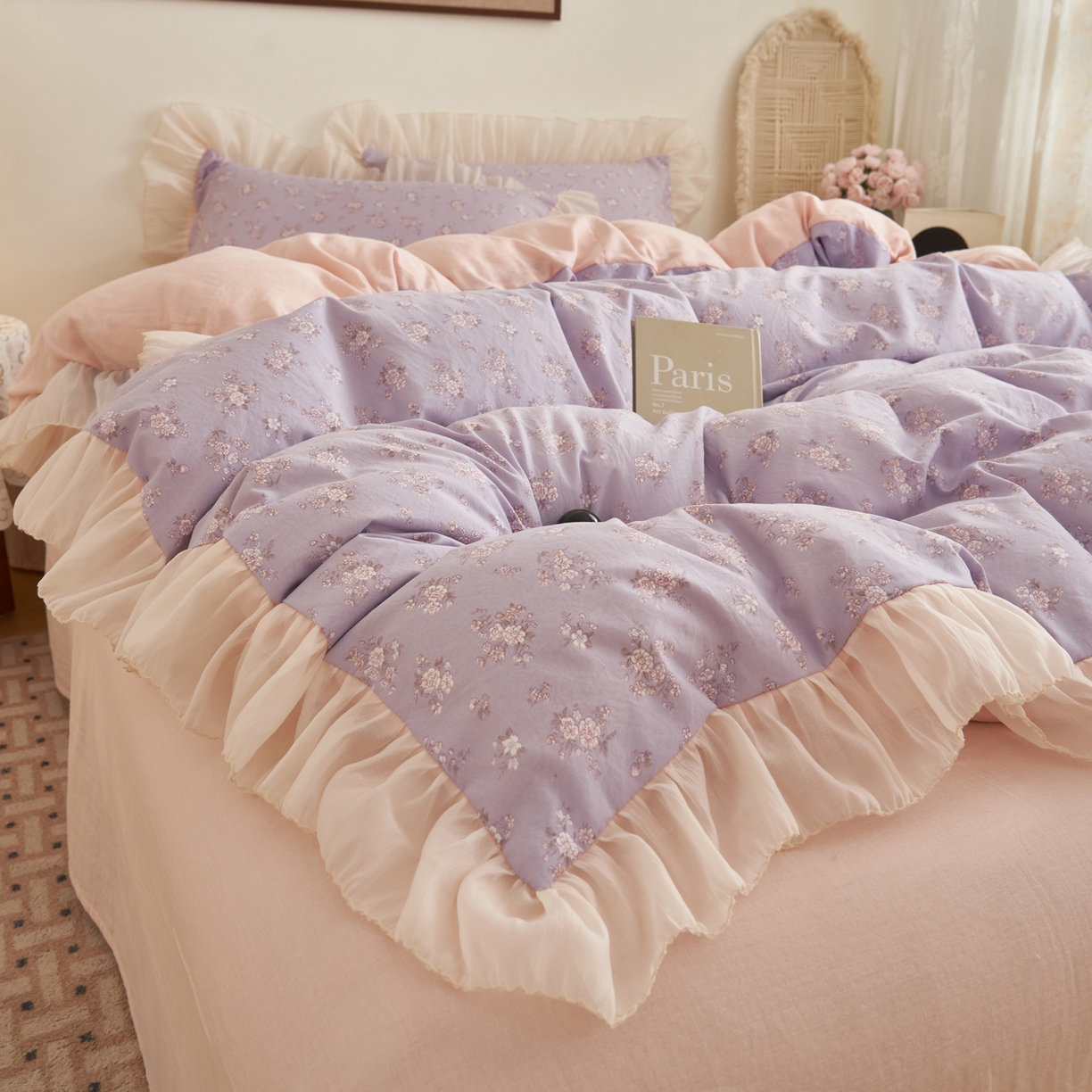 91家纺网 家纺一手货源 找家纺 晨曦家纺 2026春夏新款雪花皱纱花边小碎花小清新少女风四件套 紫韵甜心