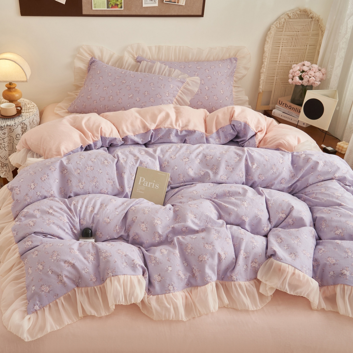 91家纺网 家纺一手货源 找家纺 晨曦家纺 2026春夏新款雪花皱纱花边小碎花小清新少女风四件套 紫韵甜心