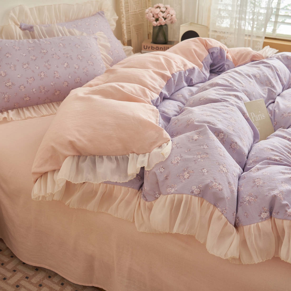 91家纺网 家纺一手货源 找家纺 晨曦家纺 2026春夏新款雪花皱纱花边小碎花小清新少女风四件套 紫韵甜心