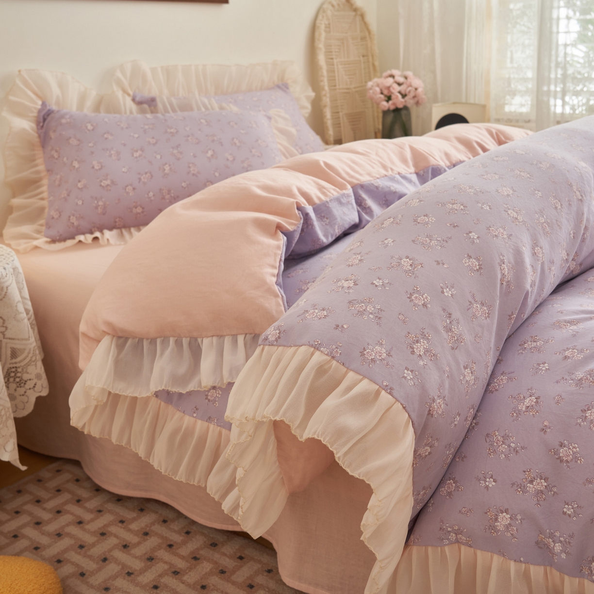 91家纺网 家纺一手货源 找家纺 晨曦家纺 2026春夏新款雪花皱纱花边小碎花小清新少女风四件套 紫韵甜心