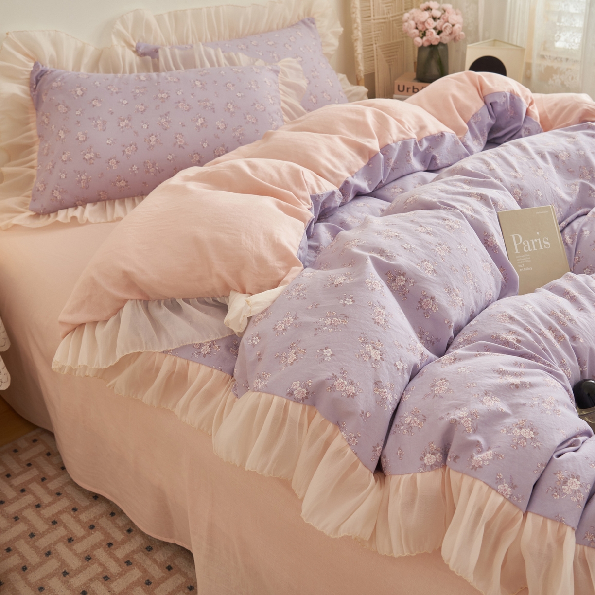 91家纺网 家纺一手货源 找家纺 晨曦家纺 2026春夏新款雪花皱纱花边小碎花小清新少女风四件套 紫韵甜心