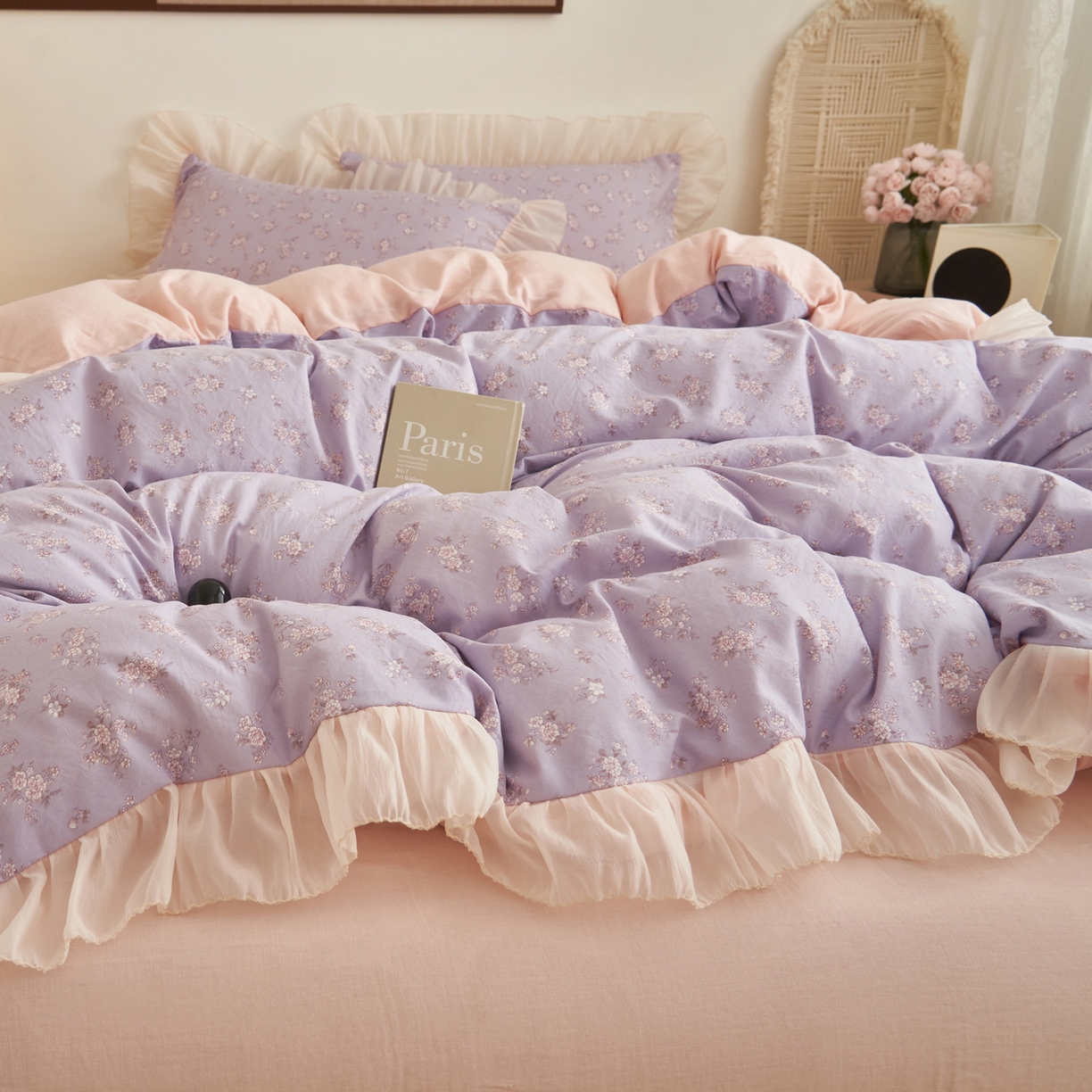 91家纺网 家纺一手货源 找家纺 晨曦家纺 2026春夏新款雪花皱纱花边小碎花小清新少女风四件套 紫韵甜心