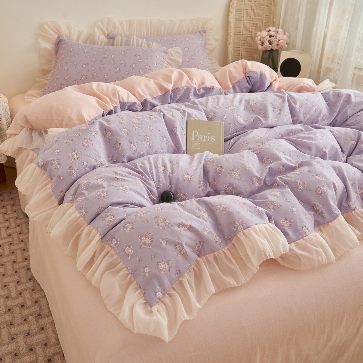 91家纺网 家纺一手货源 找家纺 晨曦家纺 2026春夏新款雪花皱纱花边小碎花小清新少女风四件套 紫韵甜心