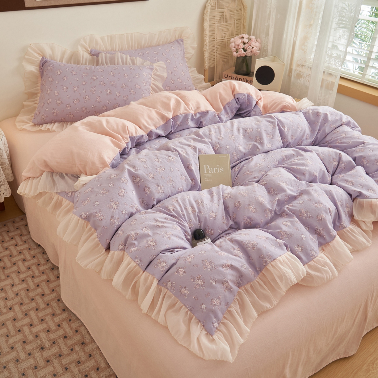 91家纺网 家纺一手货源 找家纺 晨曦家纺 2026春夏新款雪花皱纱花边小碎花小清新少女风四件套 紫韵甜心